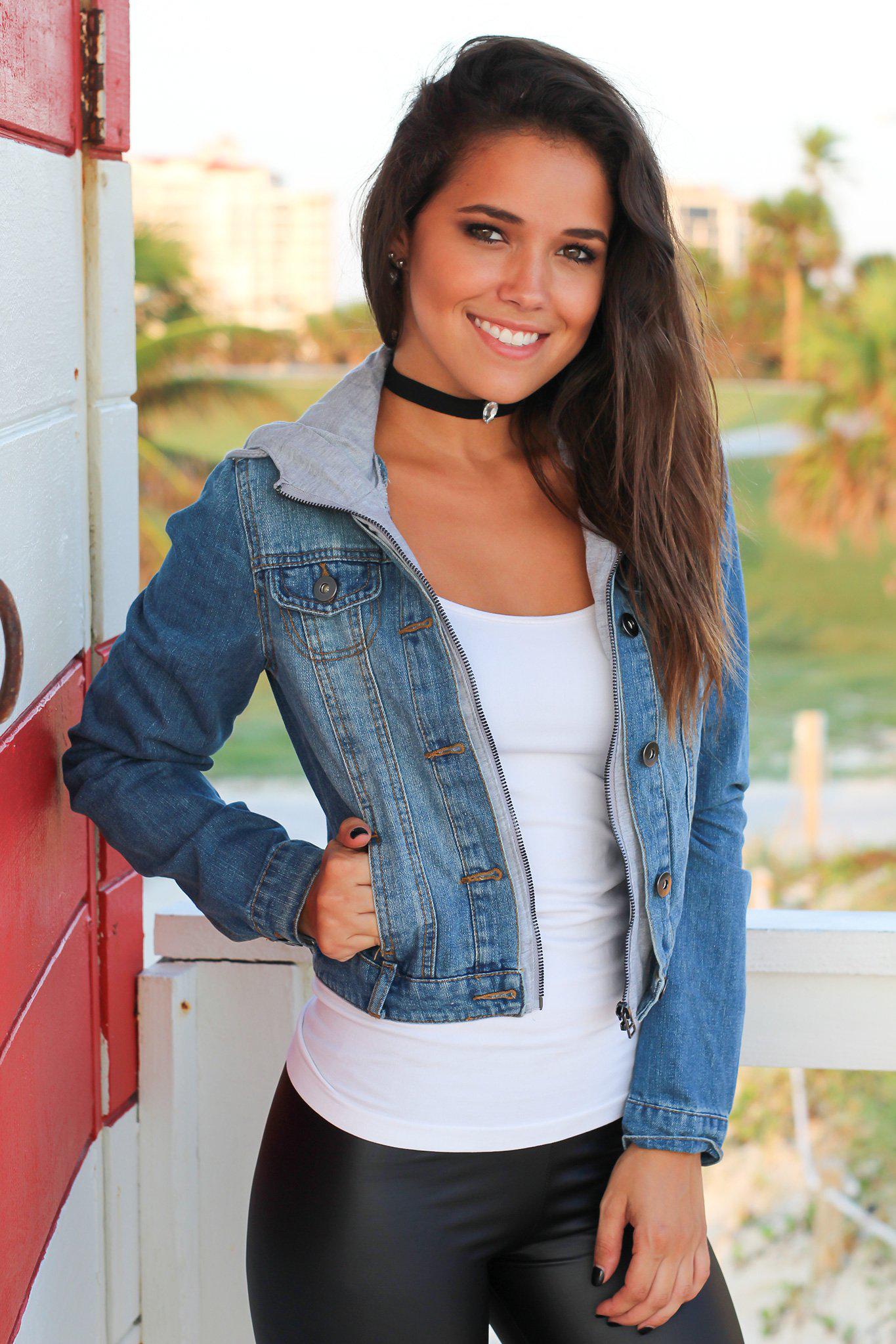 Denim Jacket with Gray Hood | Online Boutiques – Saved by the Dress