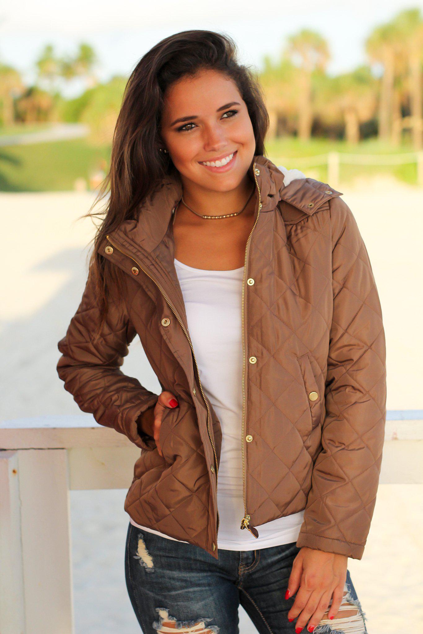 Camel Quilted Jacket with Fur Lined Hood | Jackets – Saved by the Dress