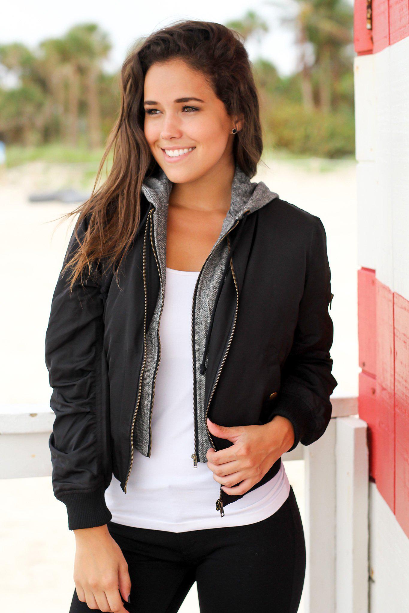 Black Bomber Jacket with Gray Hood | Cute Jackets – Saved by the Dress