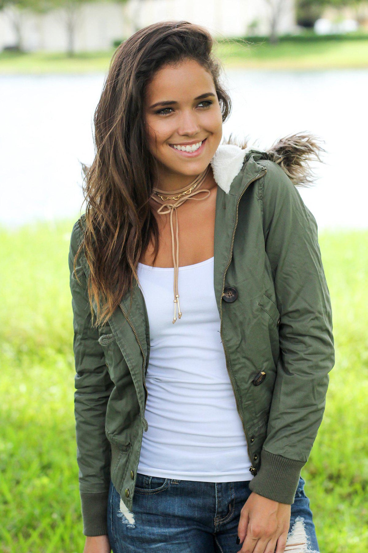 Olive Jacket with Fur Hood | Jackets – Saved by the Dress