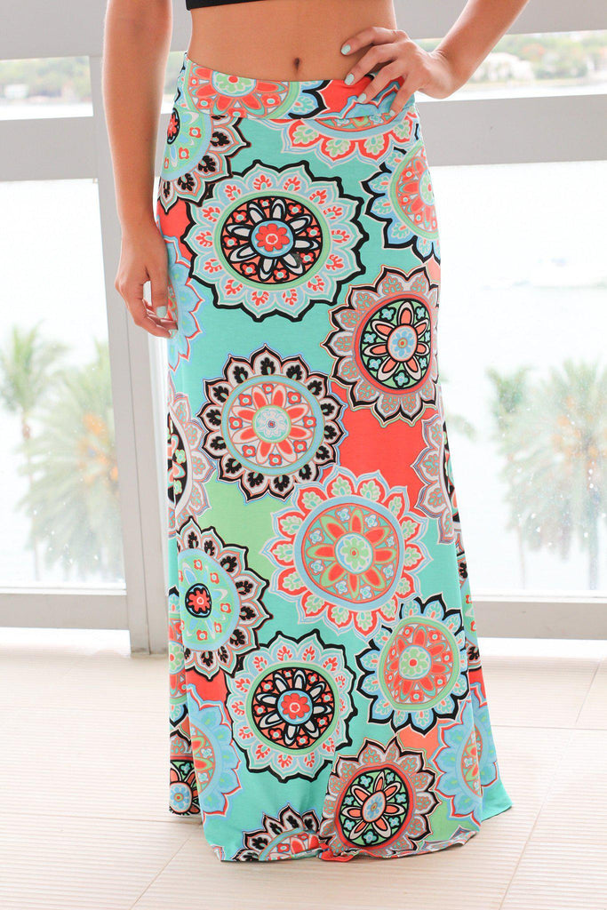 Mint and Coral Medallion Printed Maxi Skirt | Online Boutiques – Saved ...