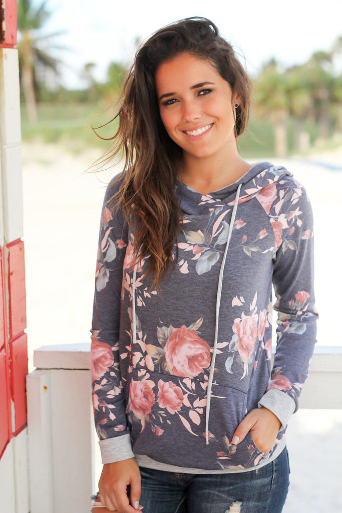 Navy and Gray Floral Hoodie | Cute Sweaters – Saved by the Dress