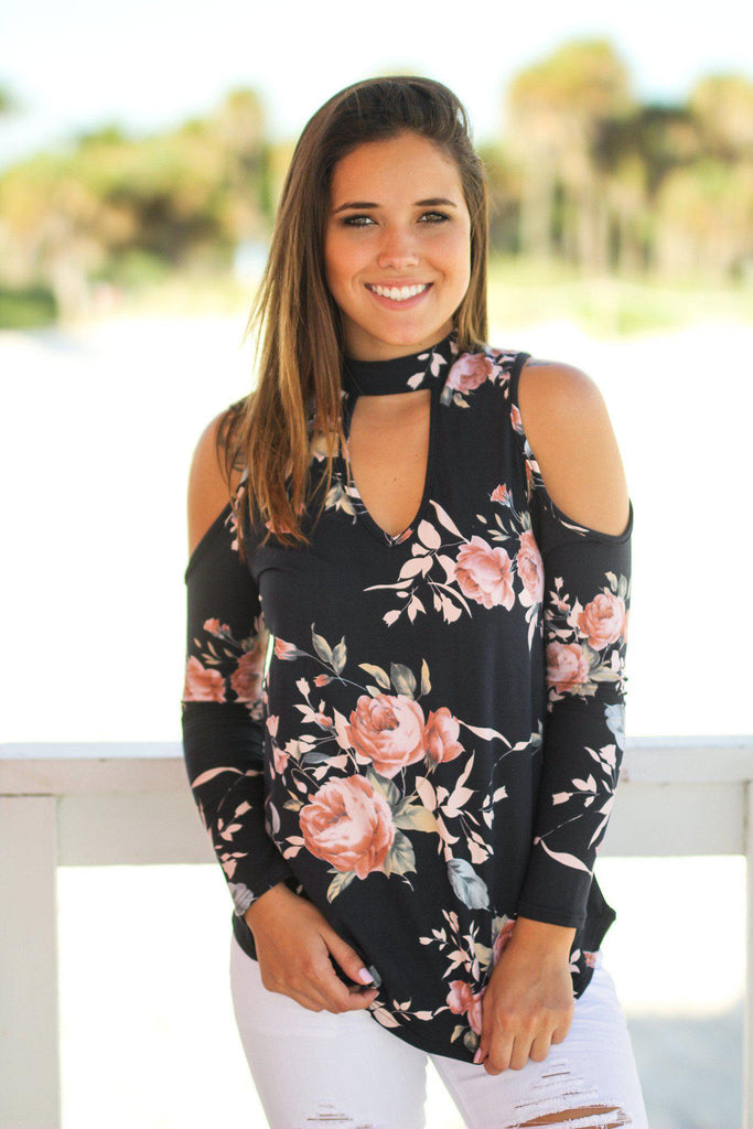 Black Cold Shoulder Floral Top | Cute Tops – Saved by the Dress