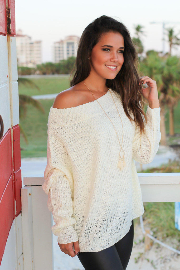 Ivory Knit Top with Draped Neckline Cute Tops Saved by the Dress