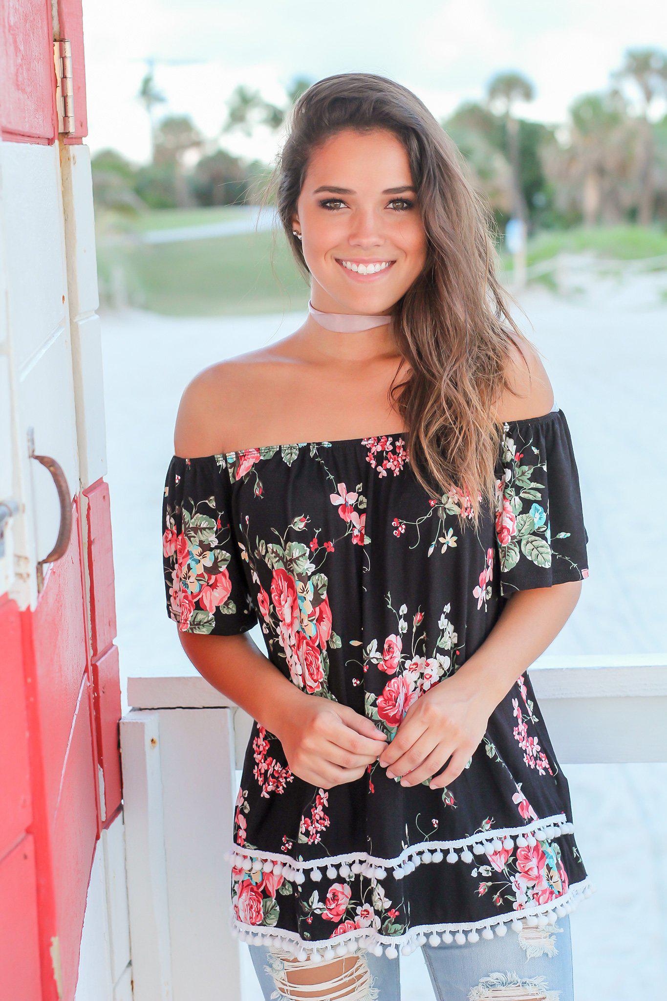 Black Floral Off Shoulder Top with Pom Poms | Cute Tops#N#– Saved by ...