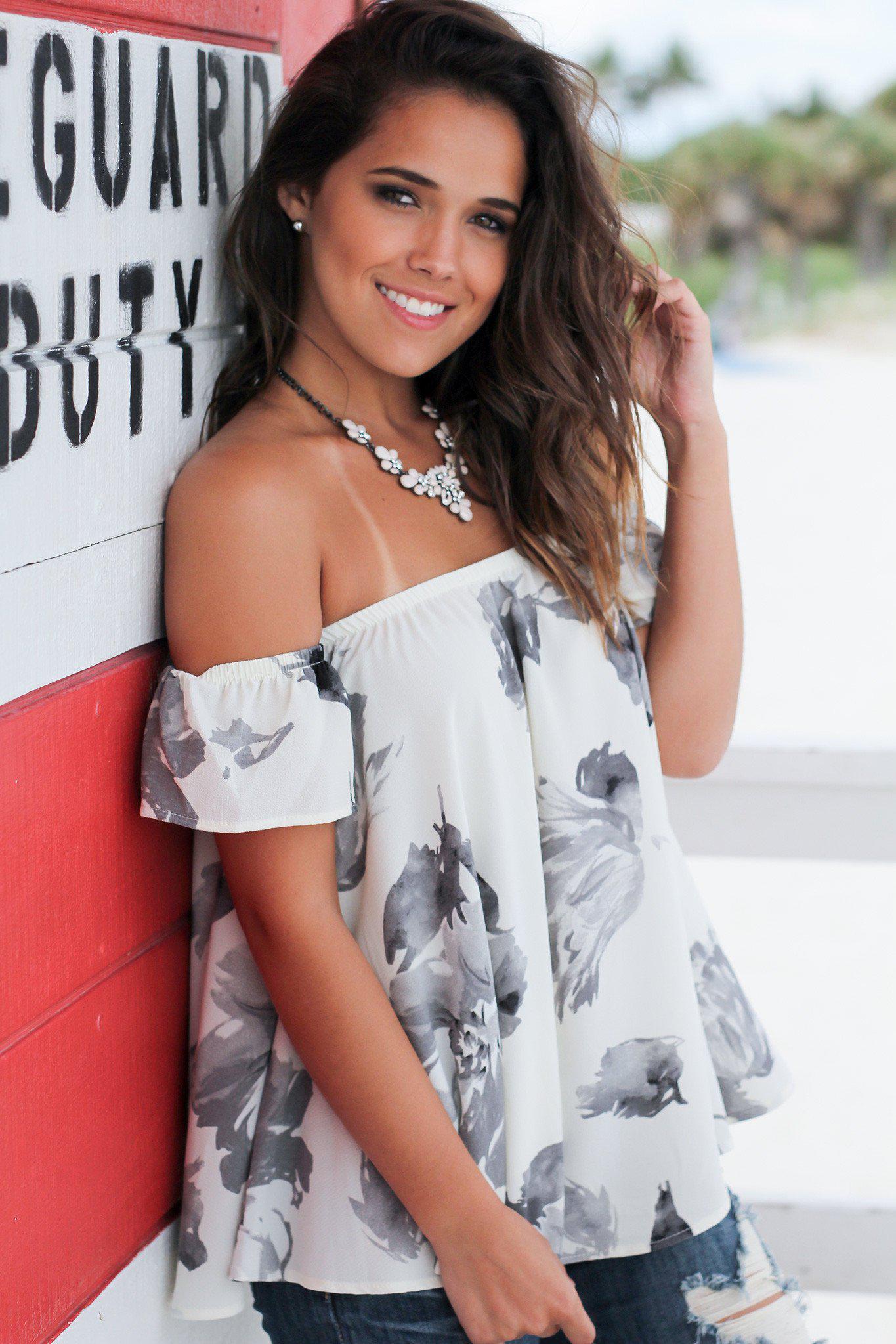 Ivory and Gray Floral Off Shoulder Top | Cute Tops – Saved by the Dress