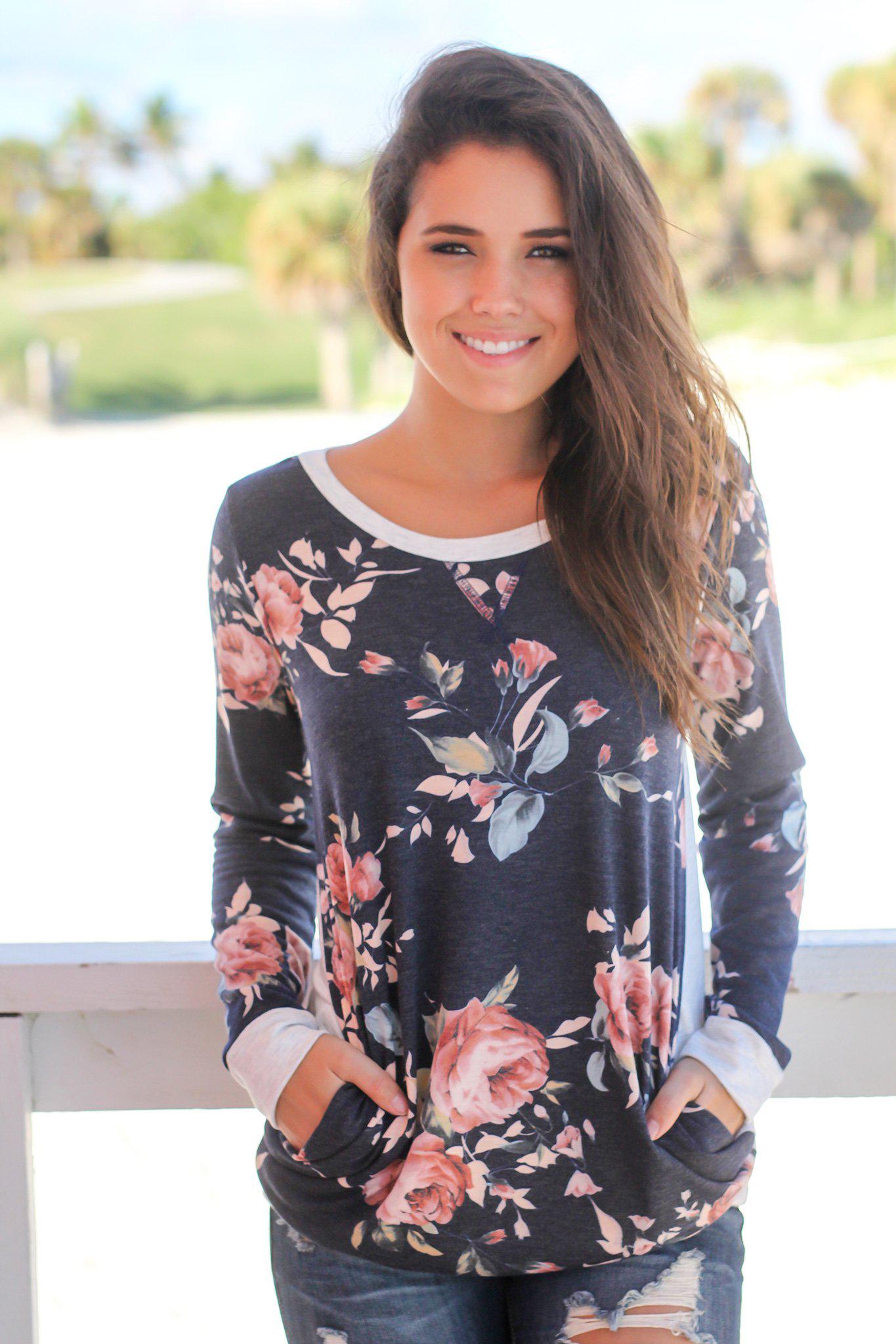 Navy Floral Tunic with Pockets | Cute Tops – Saved by the Dress