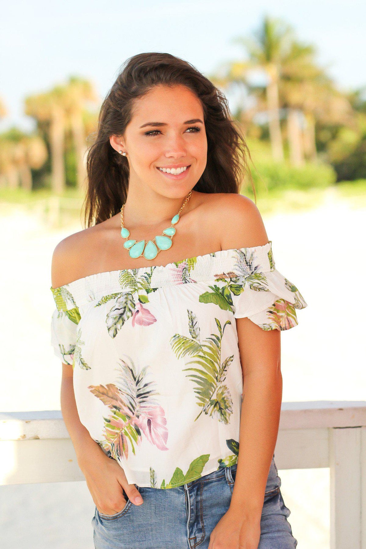 White Tropical Off Shoulder Top | Cute Tops – Saved by the Dress