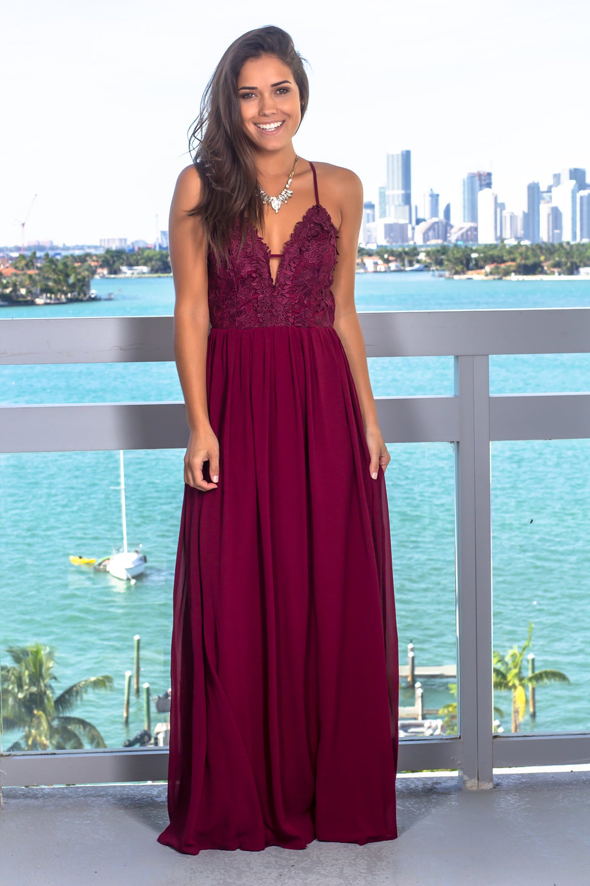 Deep Berry Maxi Dress Embroidered Top and Strappy Back | Maxi Dresses ...