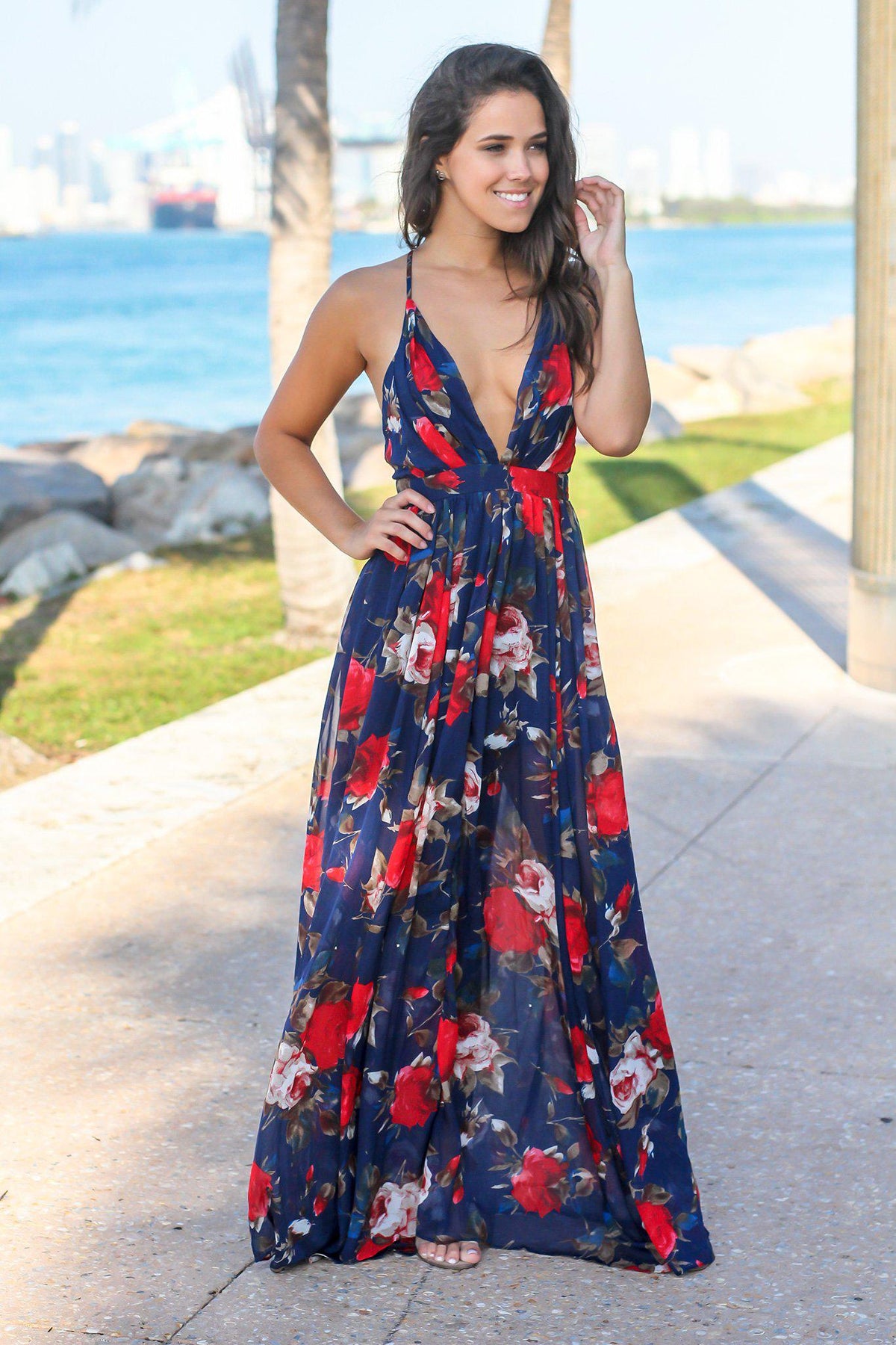 Navy and Red Floral Maxi Dress with Criss Cross Back | Maxi Dresses ...