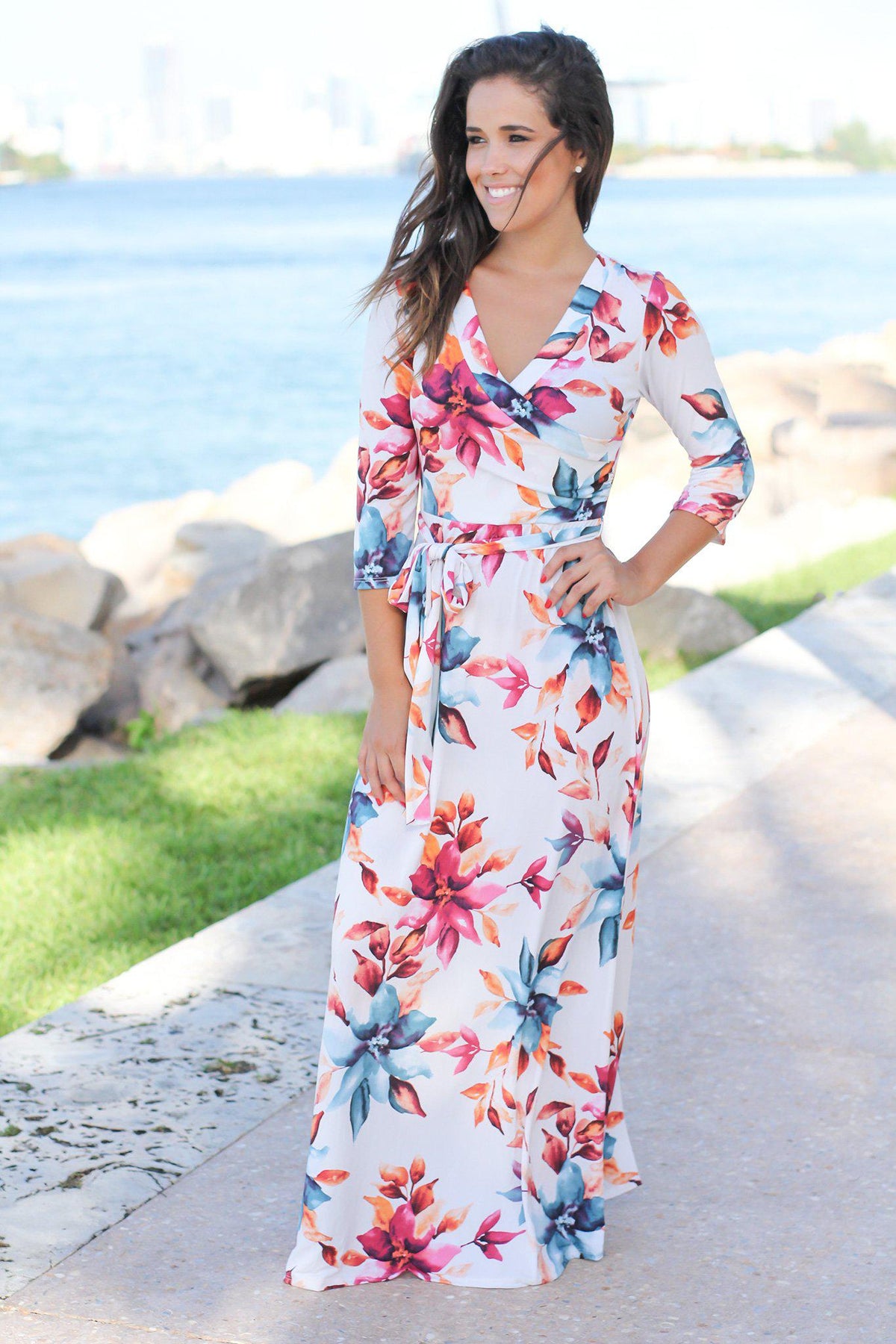 Ivory Floral Wrap Maxi Dress with 3/4 Sleeves | Maxi Dresses – Saved by ...