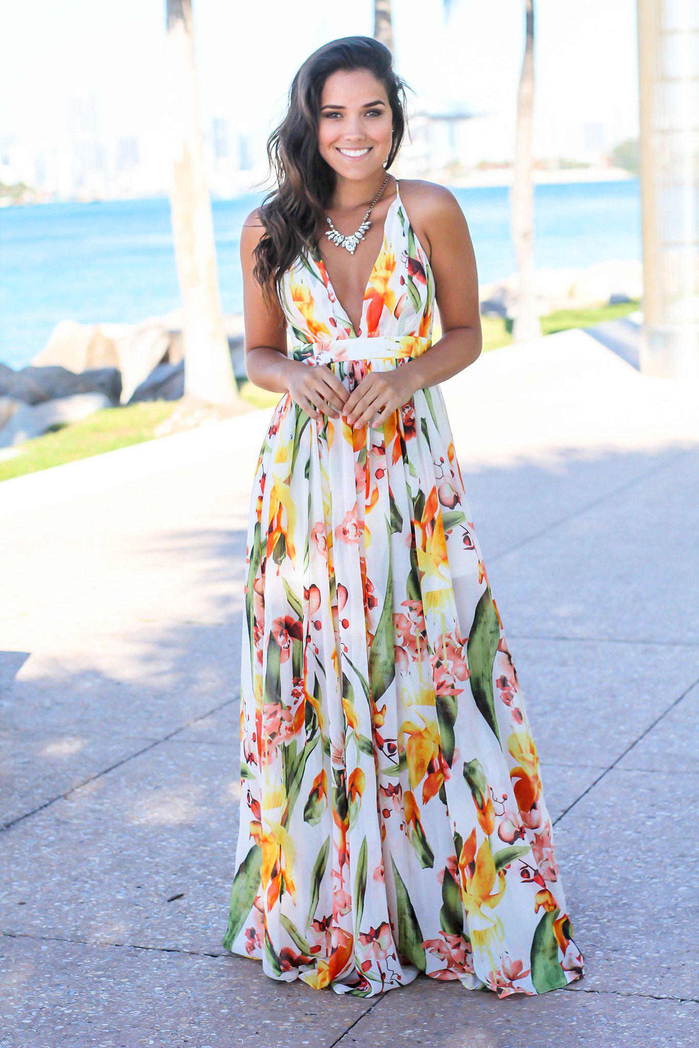 white and orange floral dress