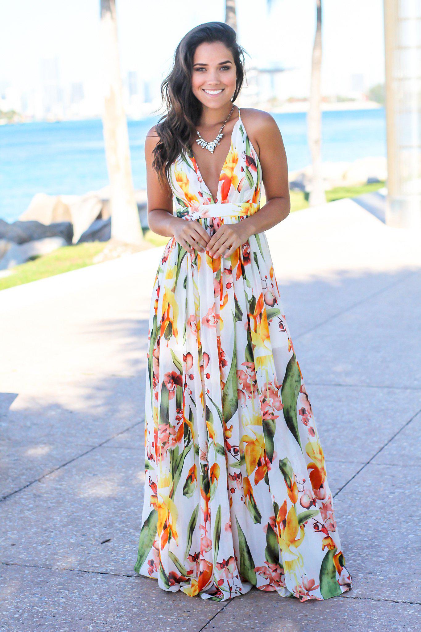 orange and white maxi dress