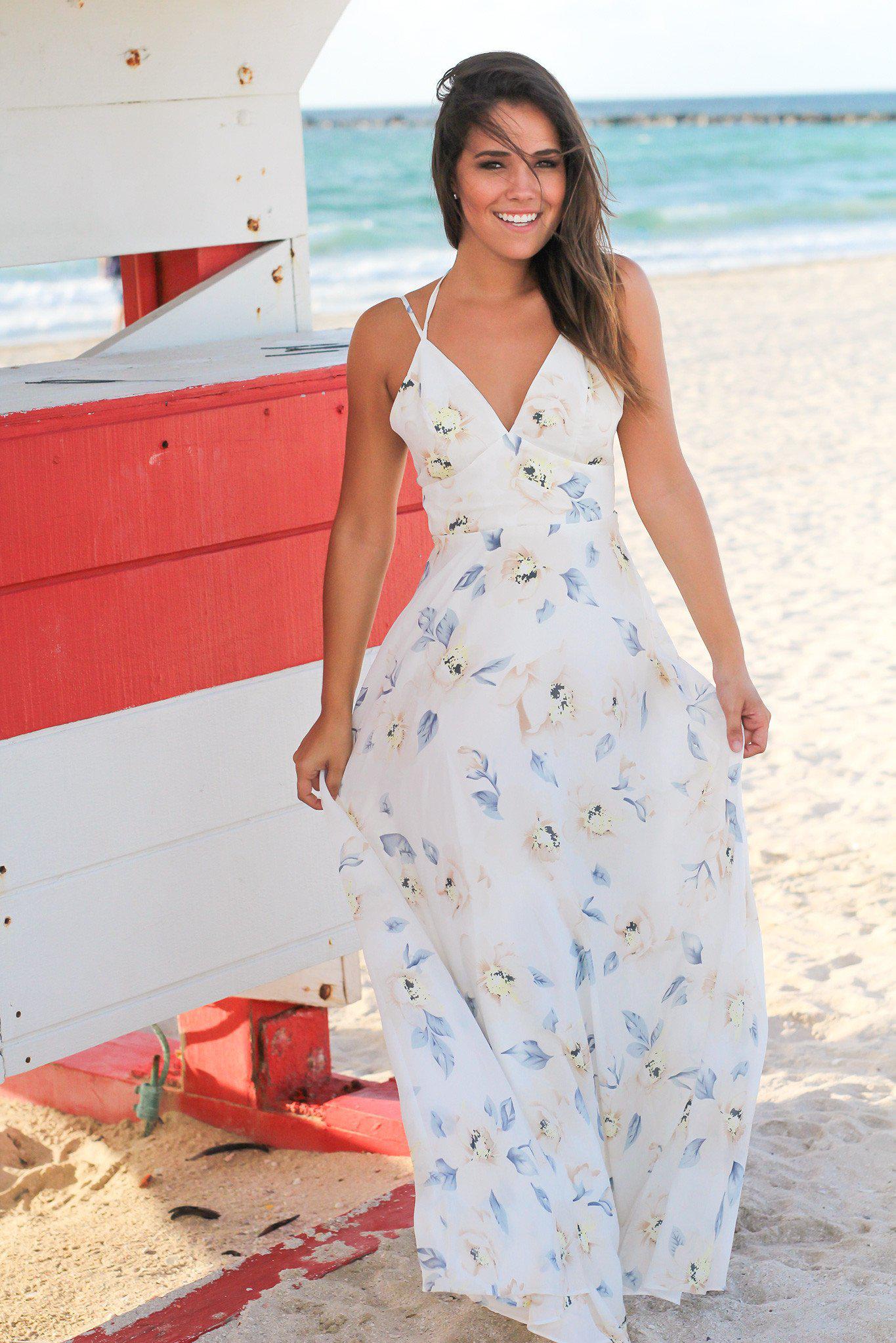 Ivory and Blue Floral Halter Neck Maxi Dress | Maxi Dresses – Saved by ...