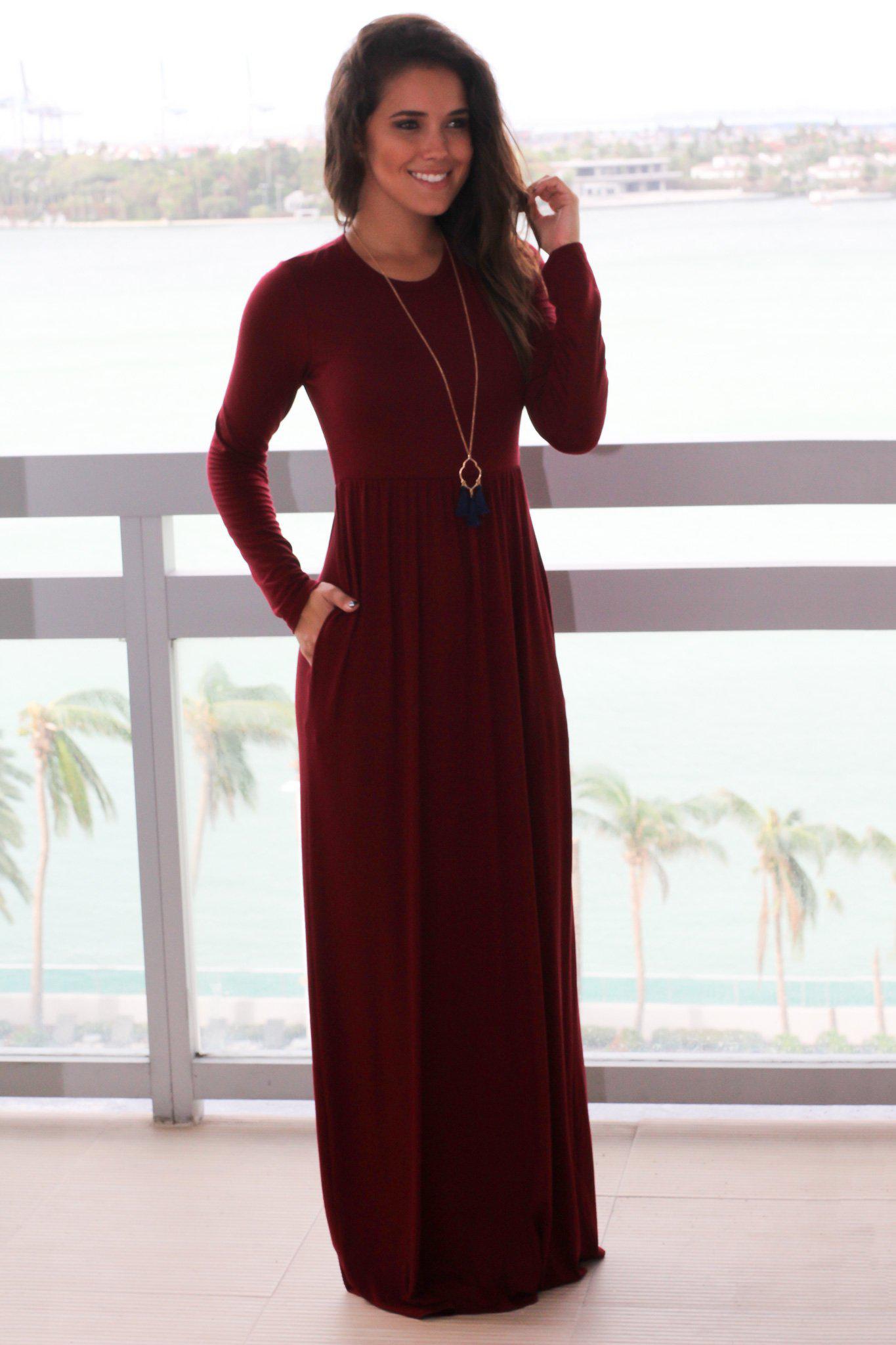 Burgundy Long Sleeve Maxi Dress with Pockets | Maxi Dresses – Saved by ...
