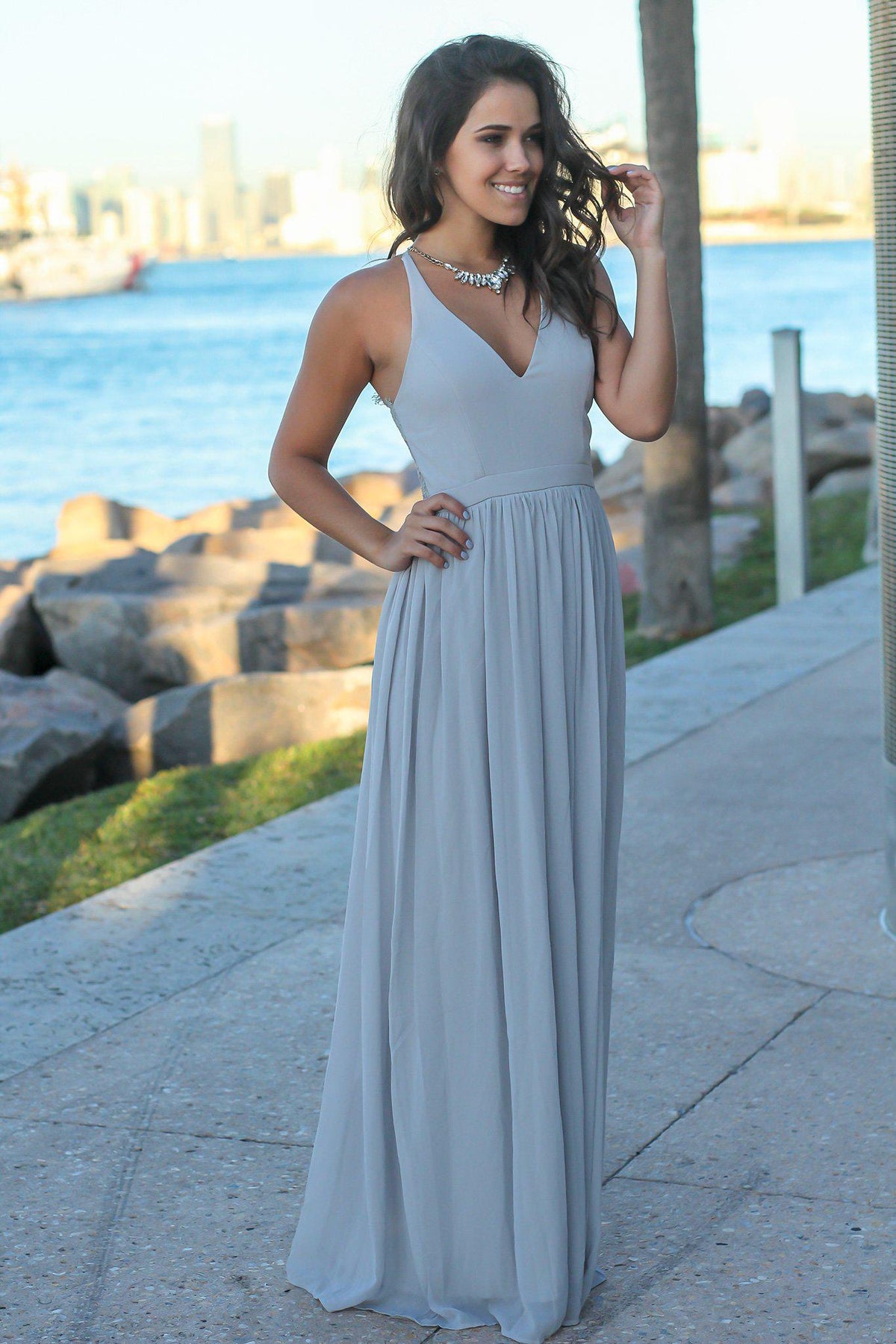 Gray V-Neck Maxi Dress with Lace Back | Bridesmaid Dresses – Saved by ...