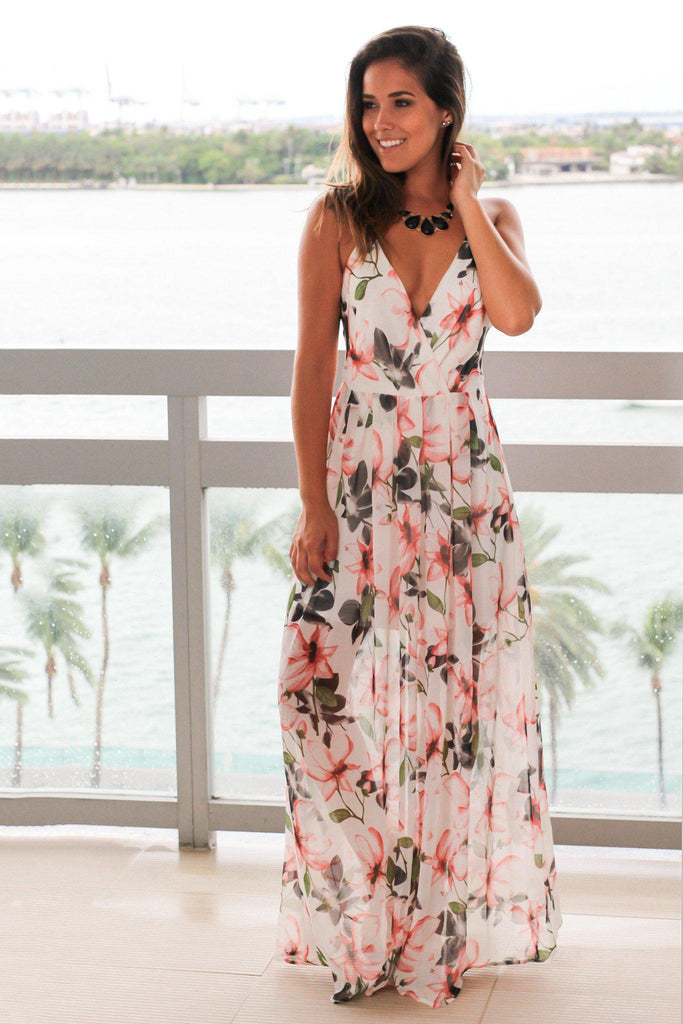 White Floral Maxi Dress with Criss Cross Back | Maxi Dresses – Saved by ...