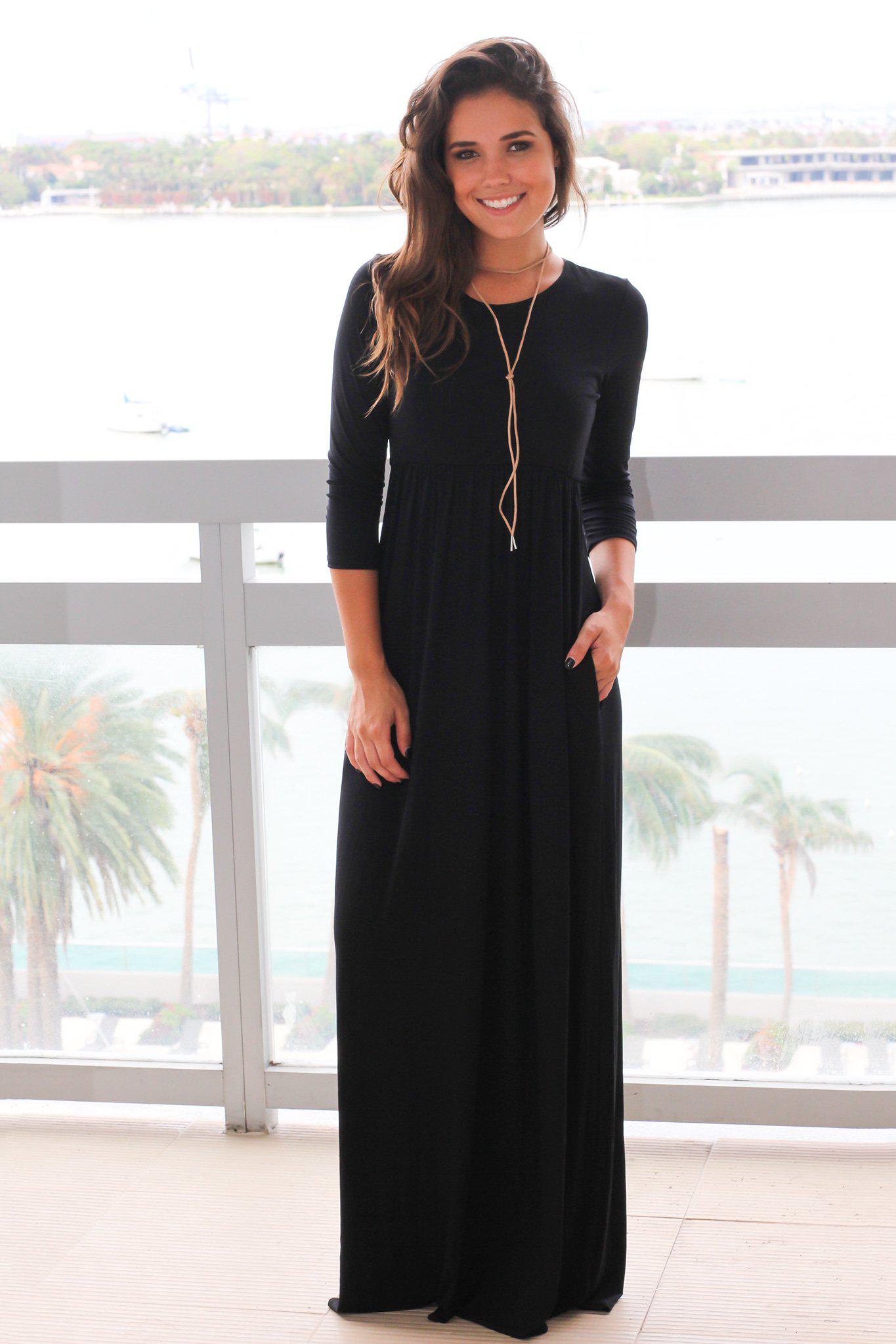 Black Maxi Dress with 3/4 Sleeves and Pockets | Maxi Dresses – Saved by ...