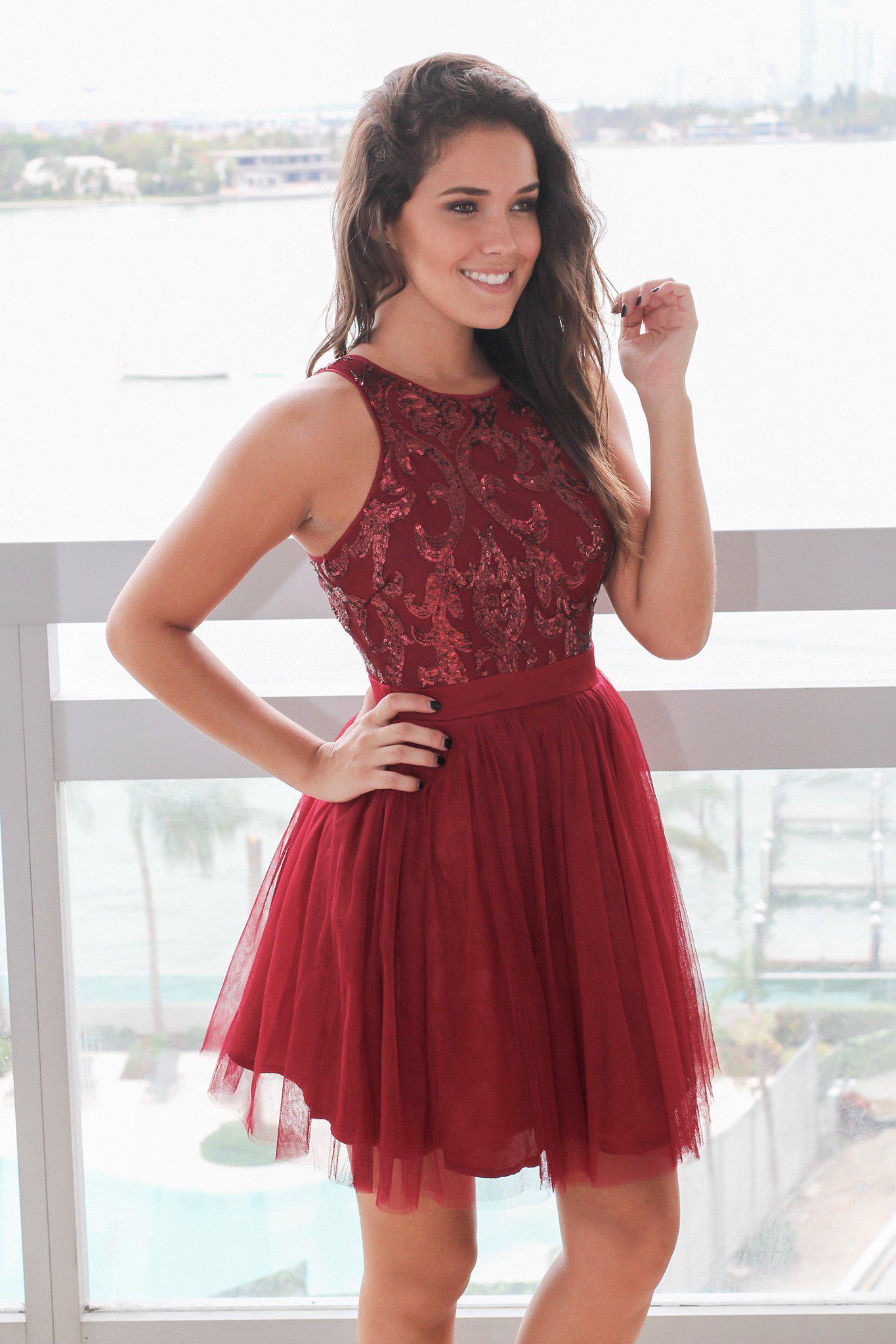 Burgundy Short Dress with Sequin Top | Cocktail Dresses – Saved by the ...