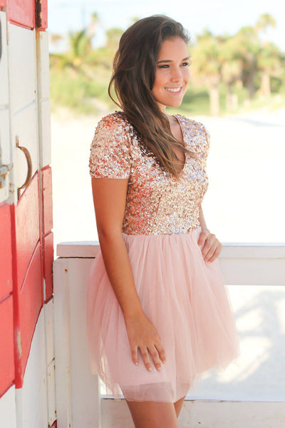 Rose Gold Sequin Top Short Dress | Short Dresses – Saved by the Dress