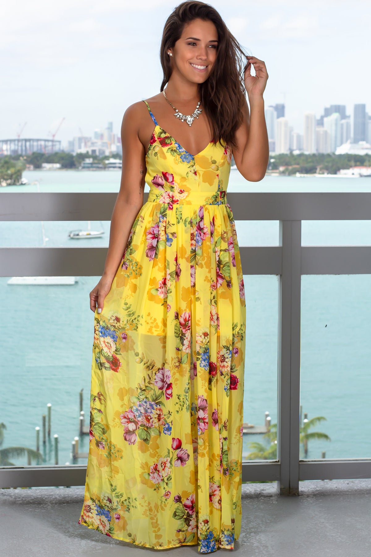 Yellow Floral Printed V-Neck Maxi Dress | Maxi Dresses – Saved by the Dress