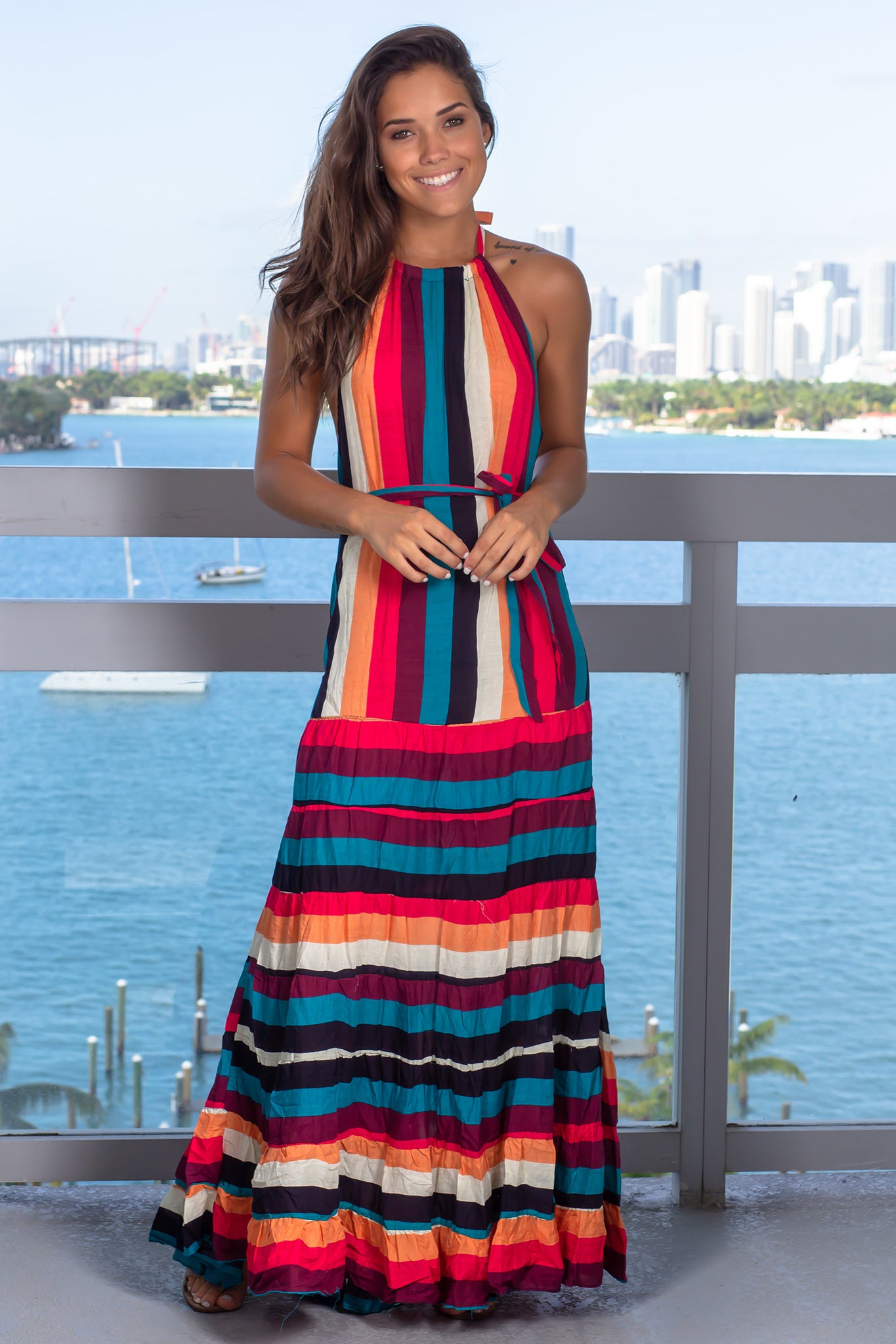 Multi Color Striped Halter Neck Maxi Dress | Maxi Dresses – Saved by ...