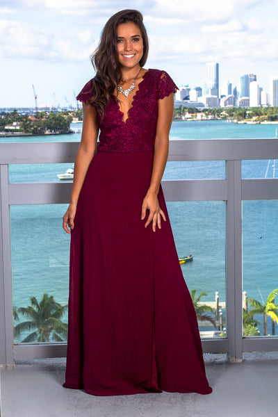 Deep Berry Maxi Dress with Embroidered Top and Slit | Maxi Dresses ...