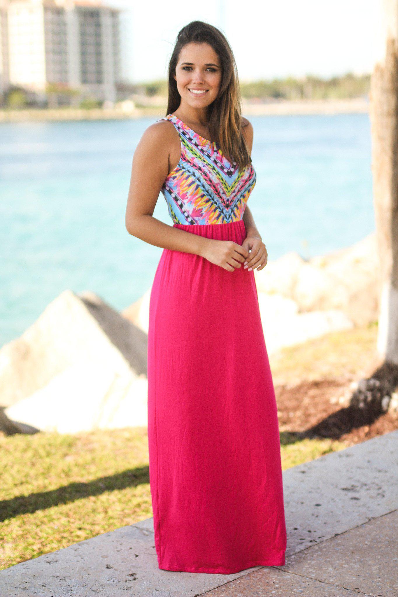 Hot Pink Maxi Dress with Printed Top | Maxi Dresses – Saved by the Dress