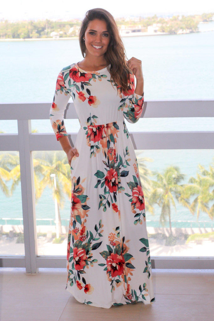 Ivory Floral Maxi Dress with 3/4 Sleeves | Maxi Dresses – Saved by the ...