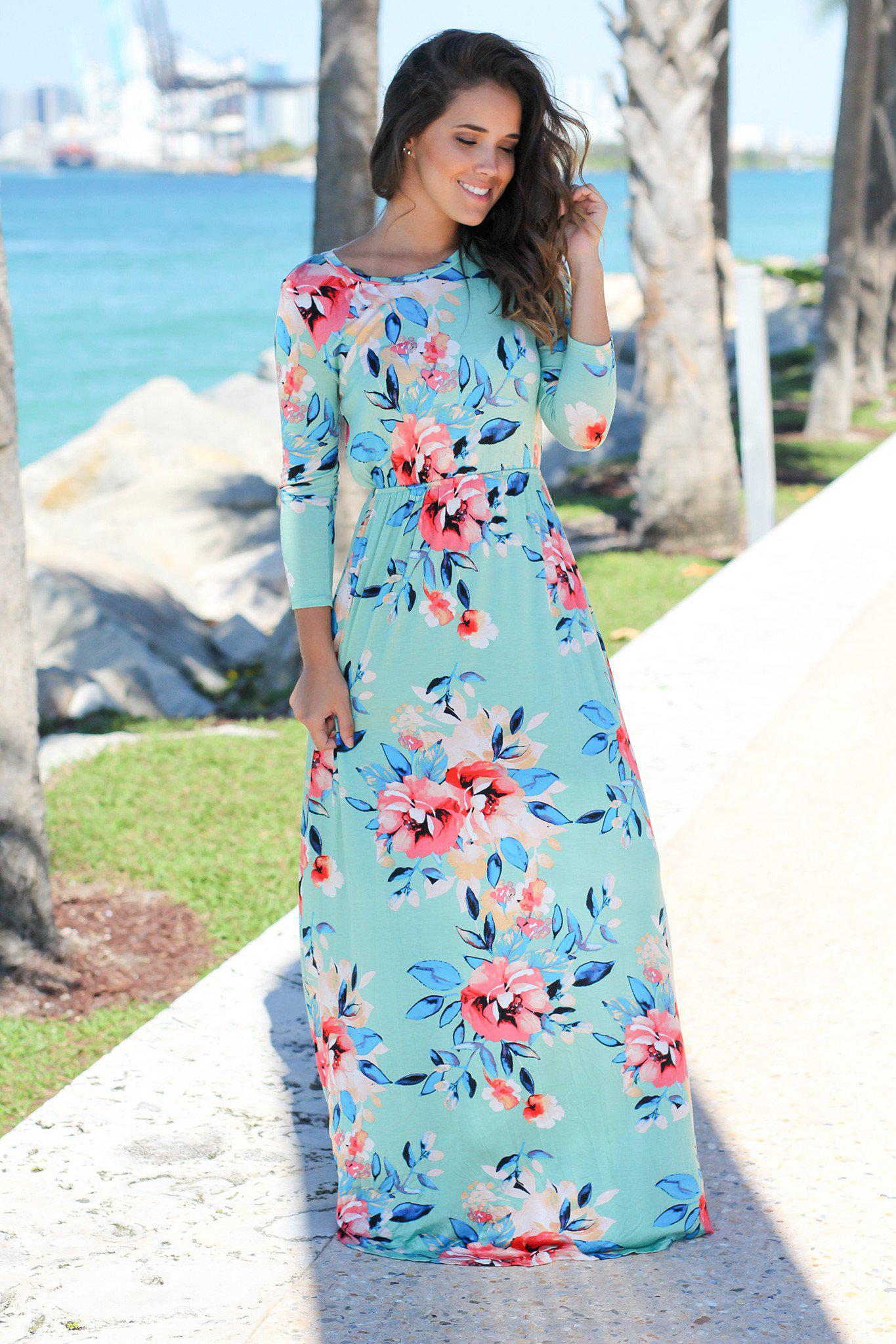 Mint Floral Maxi Dress with 3/4 Sleeves | Maxi Dresses – Saved by the Dress