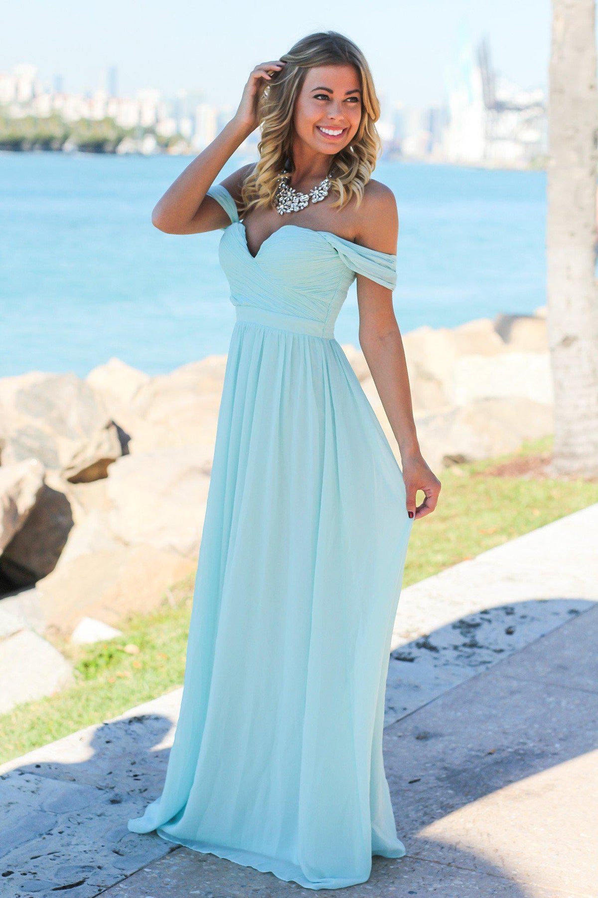 Mint Off Shoulder Maxi Dress with Pleated Top | Maxi Dresses – Saved by ...