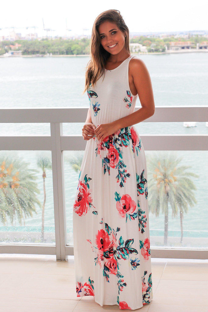 Ivory and Pink Floral Sleeveless Maxi Dress | Online Boutiques – Saved ...