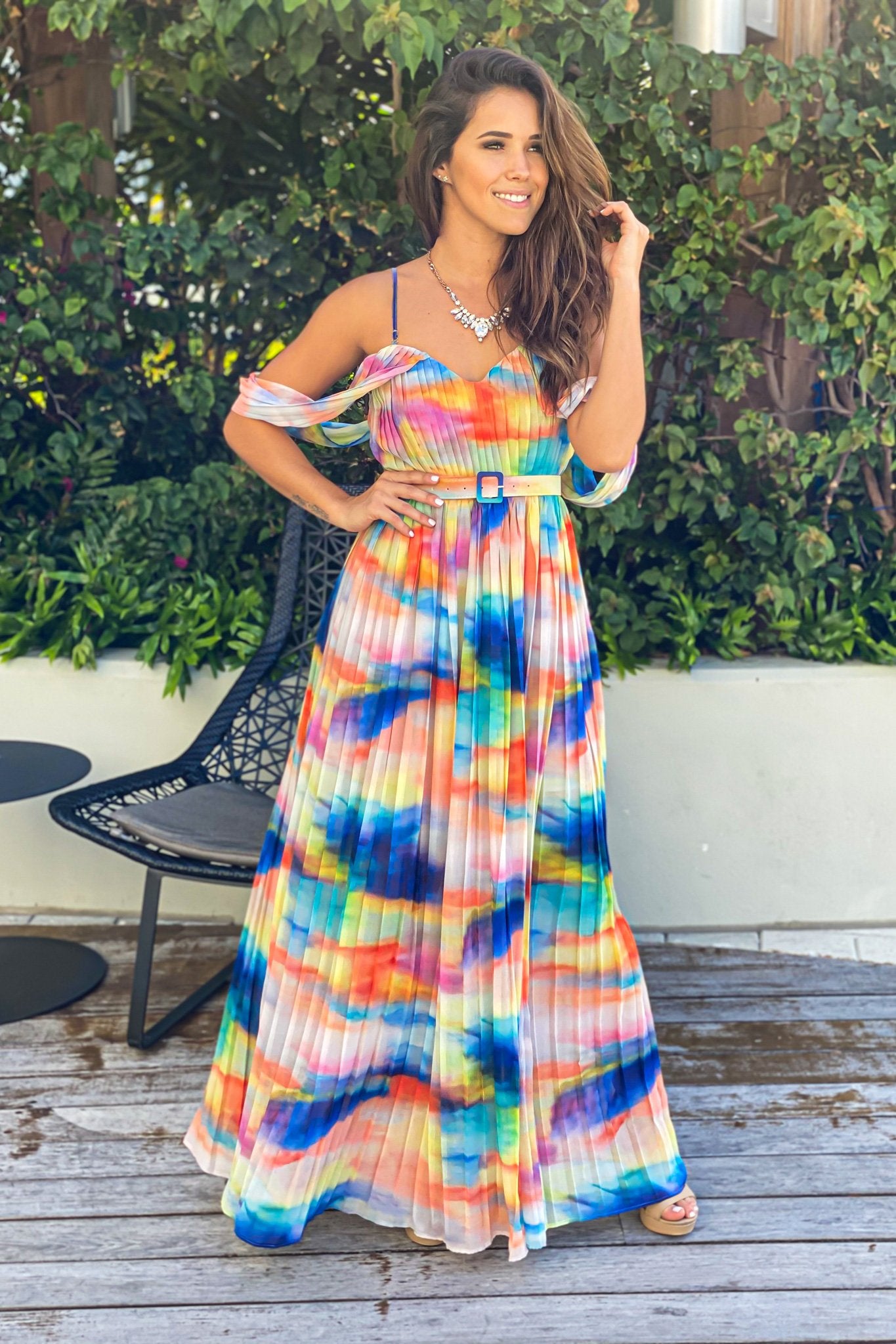 Multi Colored Pleated Maxi Dress with Belt | Maxi Dresses#N#– Saved by ...