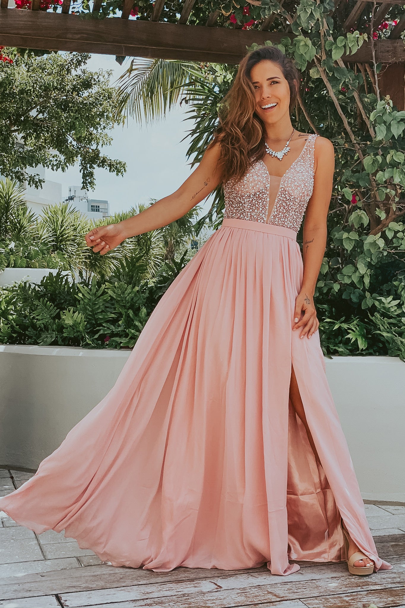 pink maxi dress with slit