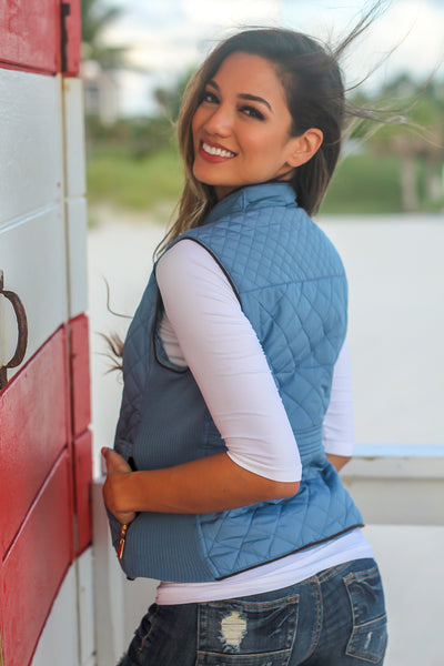 Dusty Blue Quilted Vest with Pockets | Vests – Saved by the Dress