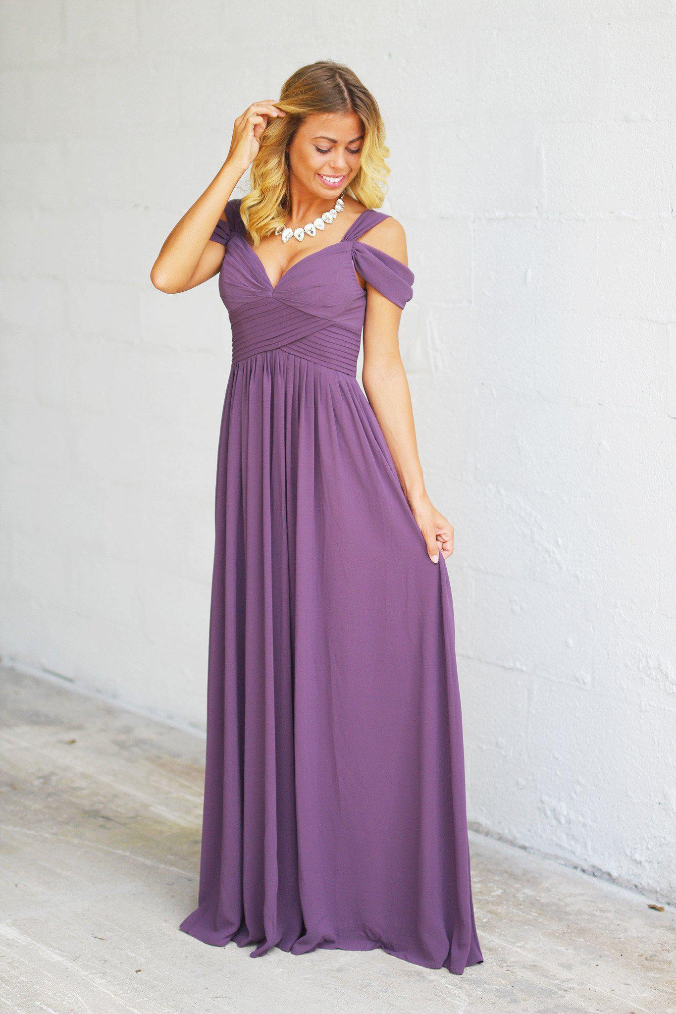 purple off the shoulder maxi dress