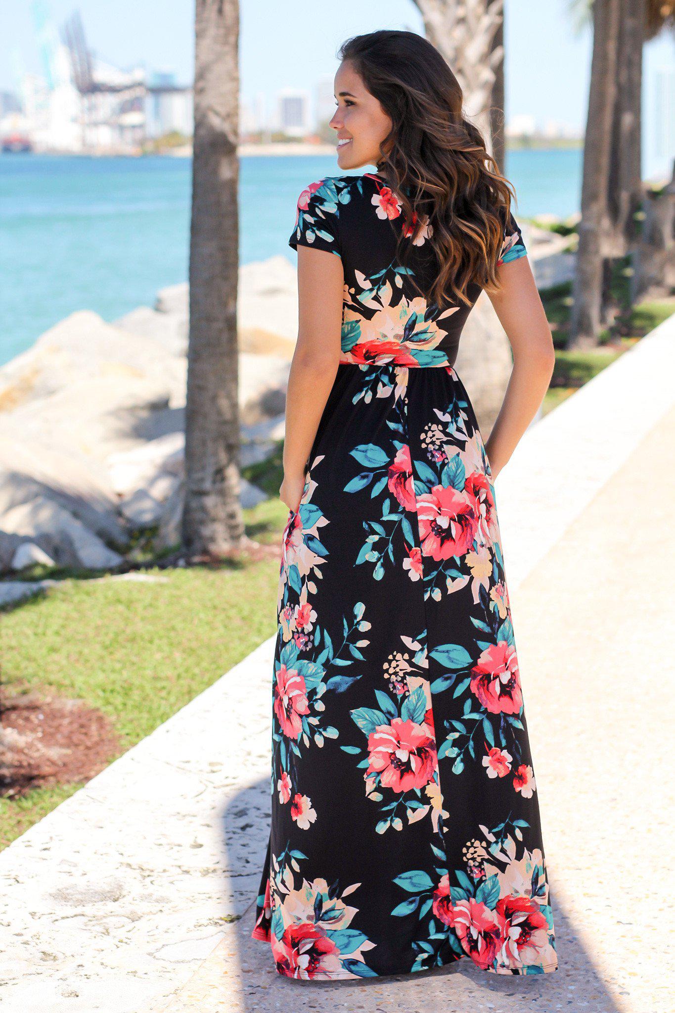 Black Floral Short Sleeve Maxi Dress with Pockets | Maxi Dresses ...