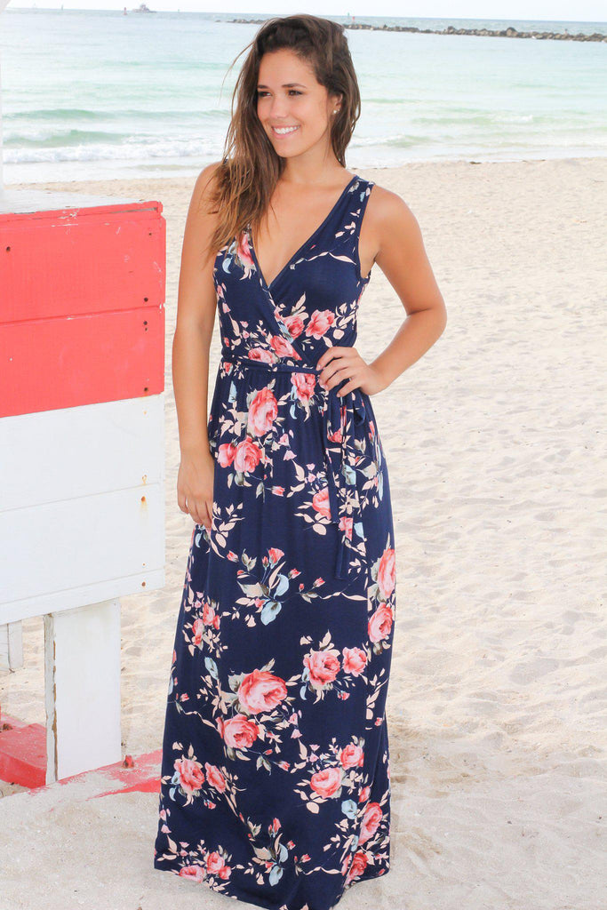Navy Floral Sleeveless Maxi Dress | Online Boutiques – Saved by the Dress