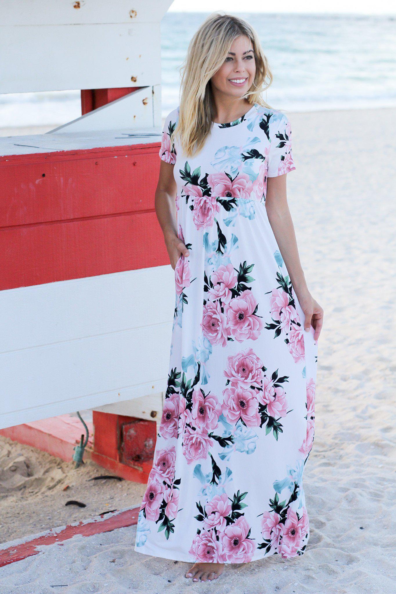 Ivory and Pink Floral Maxi Dress with Short Sleeves | Maxi Dresses ...