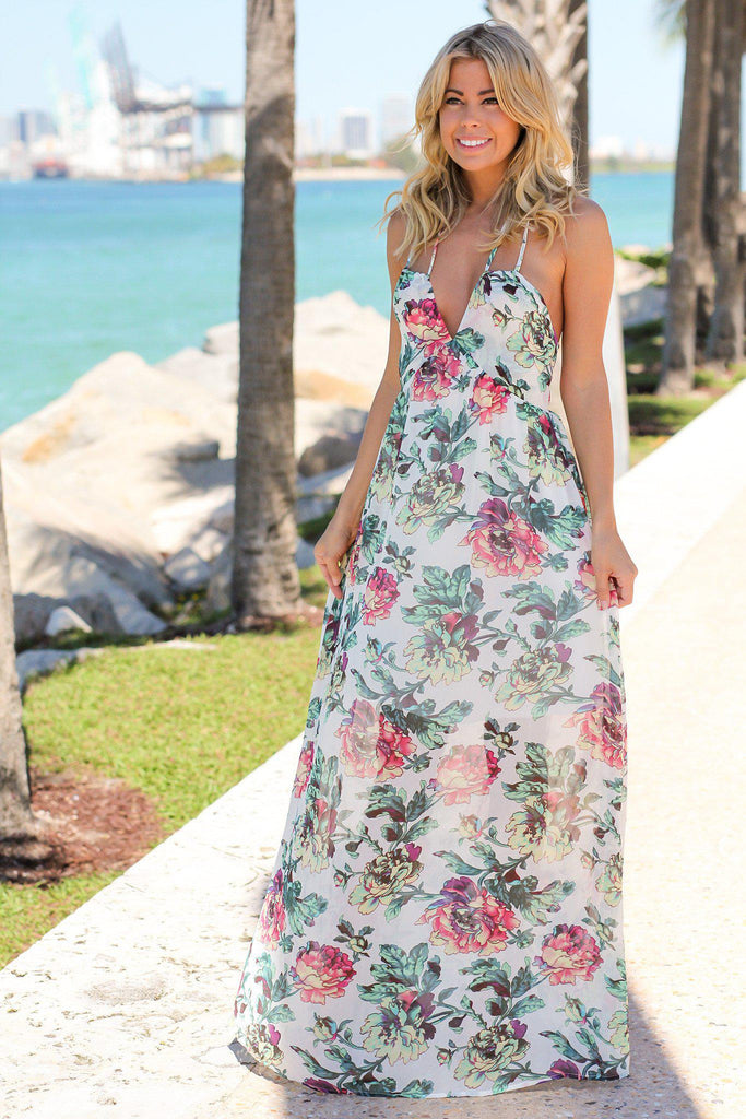 Ivory and Green Floral Maxi Dress with Tie Back | Maxi Dresses – Saved ...