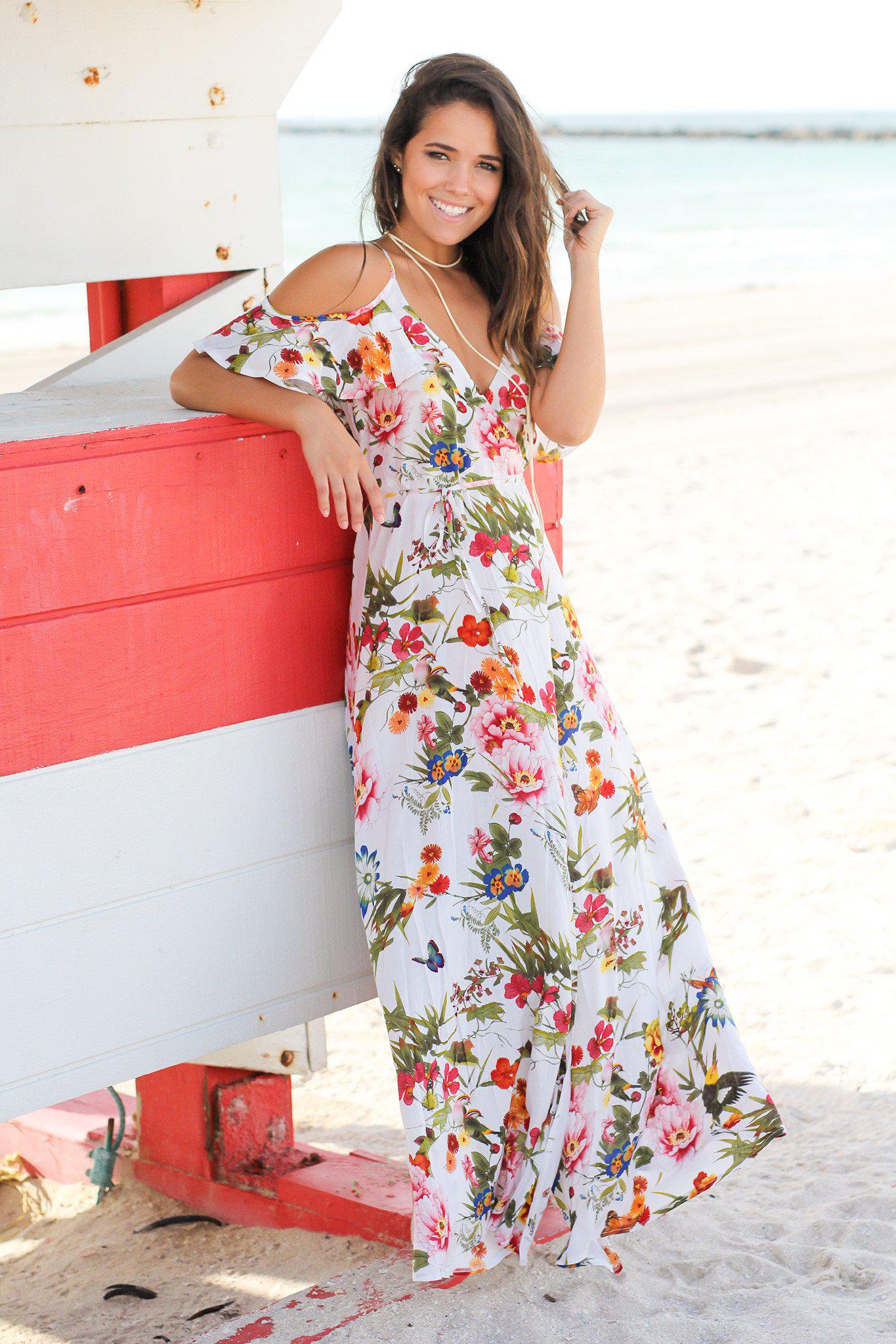 White Floral Wrap Maxi Dress with Ruffled Sleeves | Maxi Dresses ...