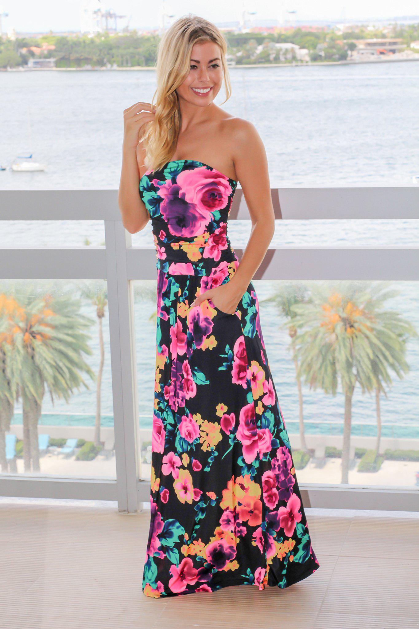 Black And Hot Pink Floral Strapless Maxi Dress Maxi Dresses Saved By The Dress 0683