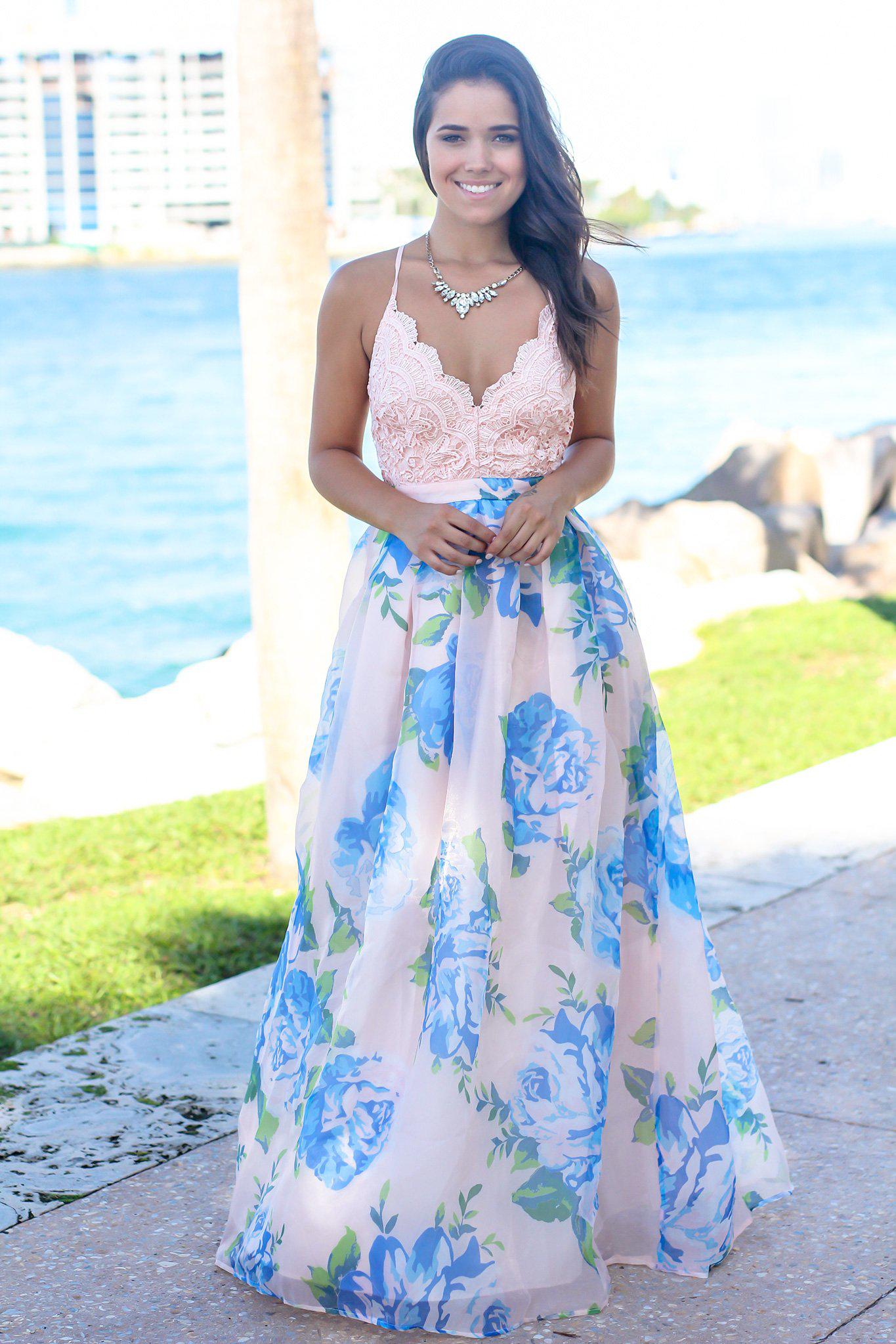 Pink and Blue Floral Maxi Dress with Crochet Top Maxi