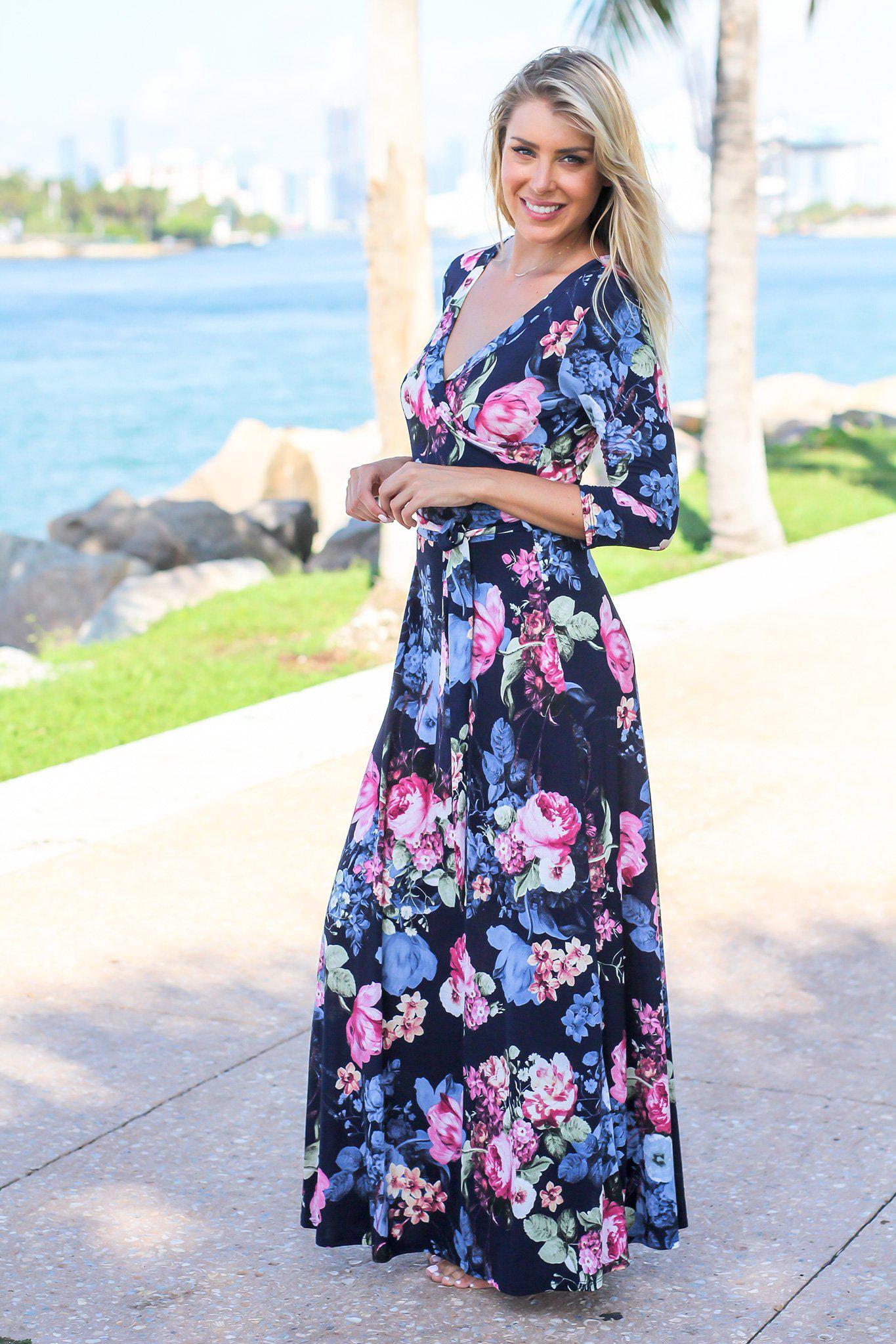 navy and pink floral wrap dress