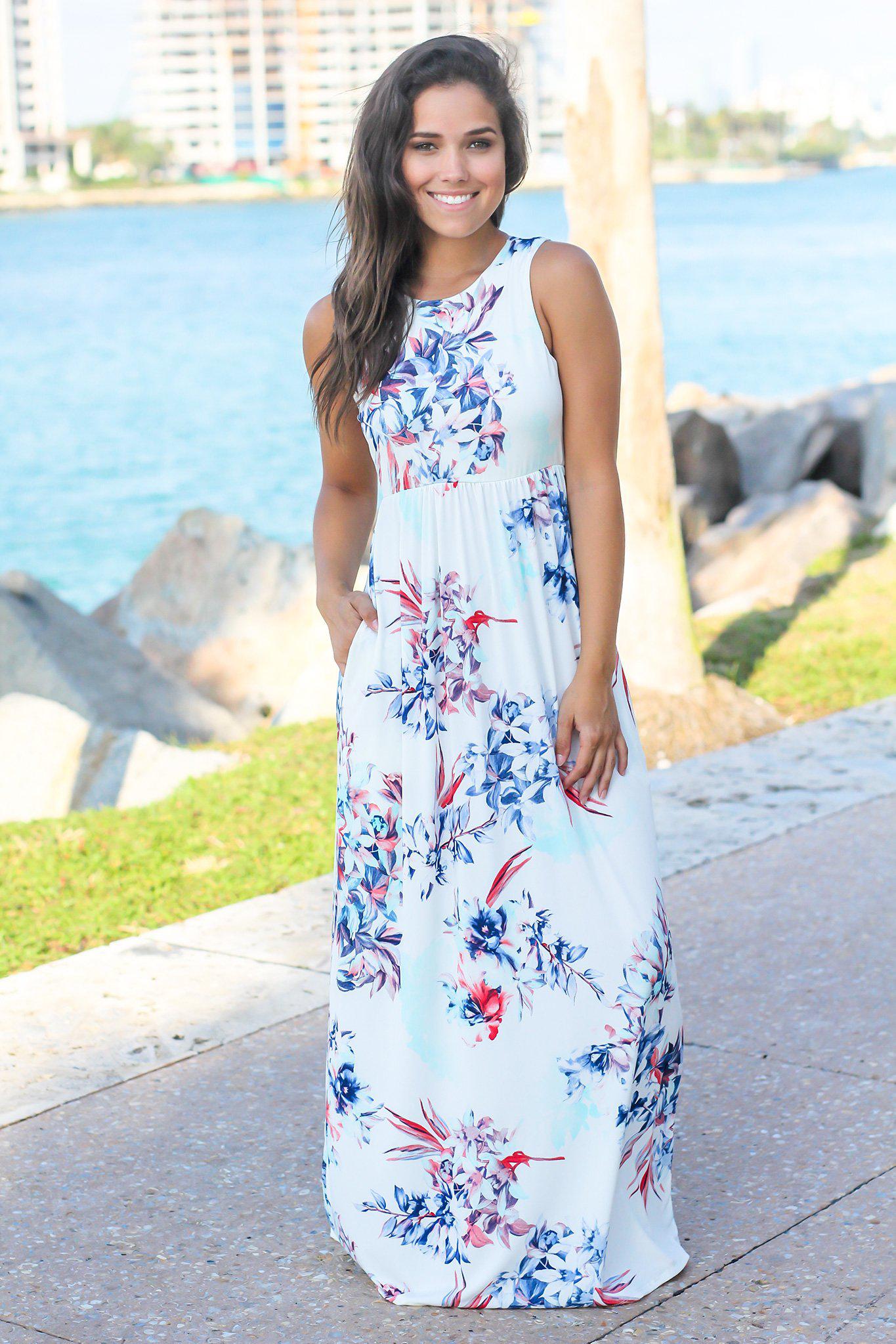 Ivory and Blue Floral Racerback Maxi Dress | Maxi Dresses – Saved by ...