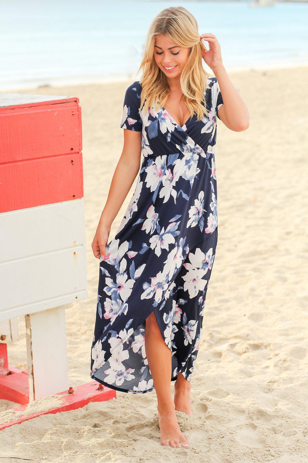 Navy Floral High Low Dress with Short Sleeves | Maxi Dresses – Saved by ...