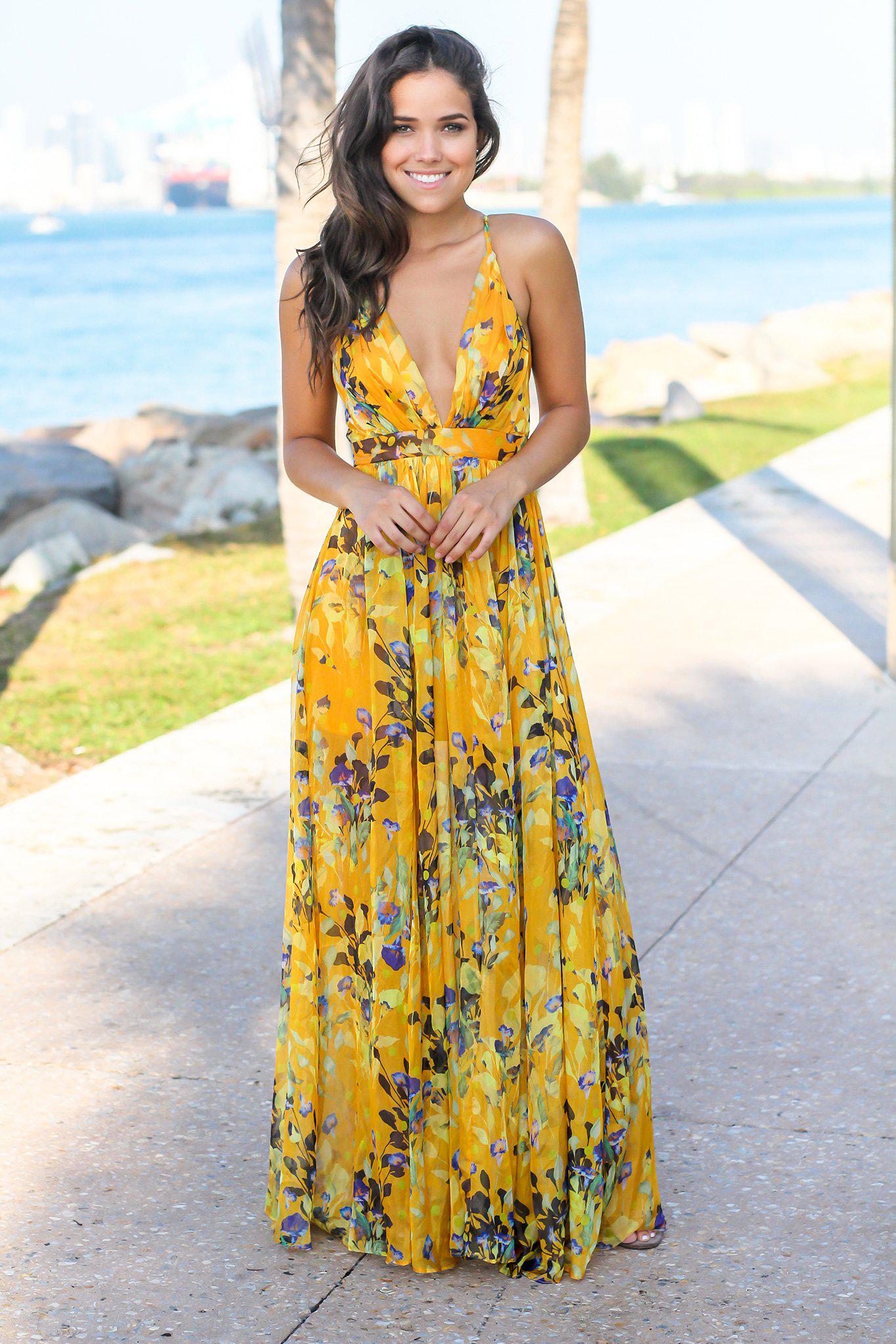 Yellow Floral Maxi Dress with Criss Cross Back Maxi