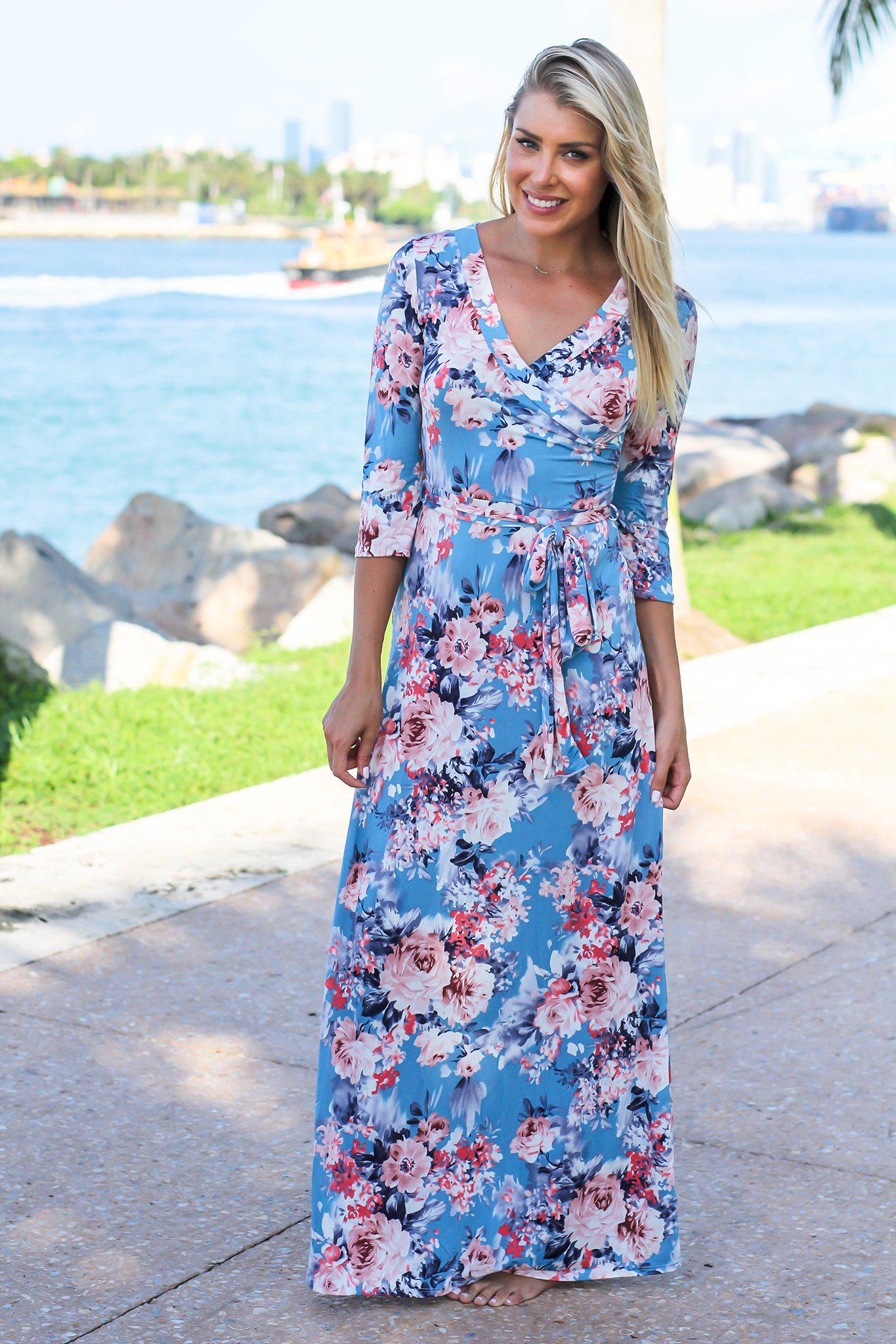 blue and pink floral dress