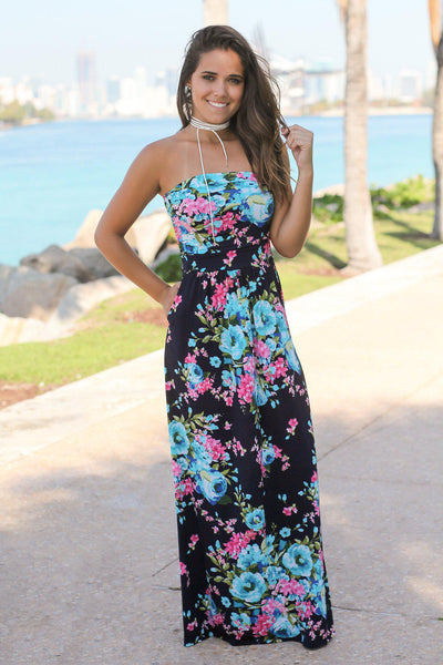 Strapless Navy and Pink Floral Maxi Dress with Pockets | Maxi Dresses ...