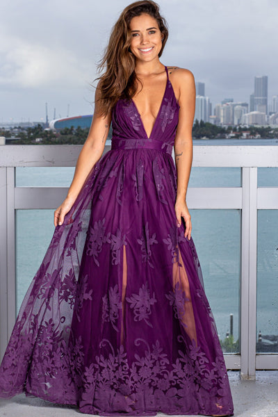 Plum Floral Tulle Maxi Dress with Criss Cross Back | Maxi Dresses#N ...